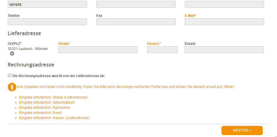 Formular ohne Inline Validation: Die Fehler werden erst nach Klick auf "weiter" unter dem Formular angezeigt.