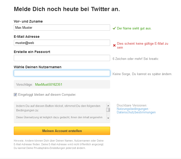 Inline Validation mit motivierenden Botschaften und Hinweisen zu der erforderten Eingabe